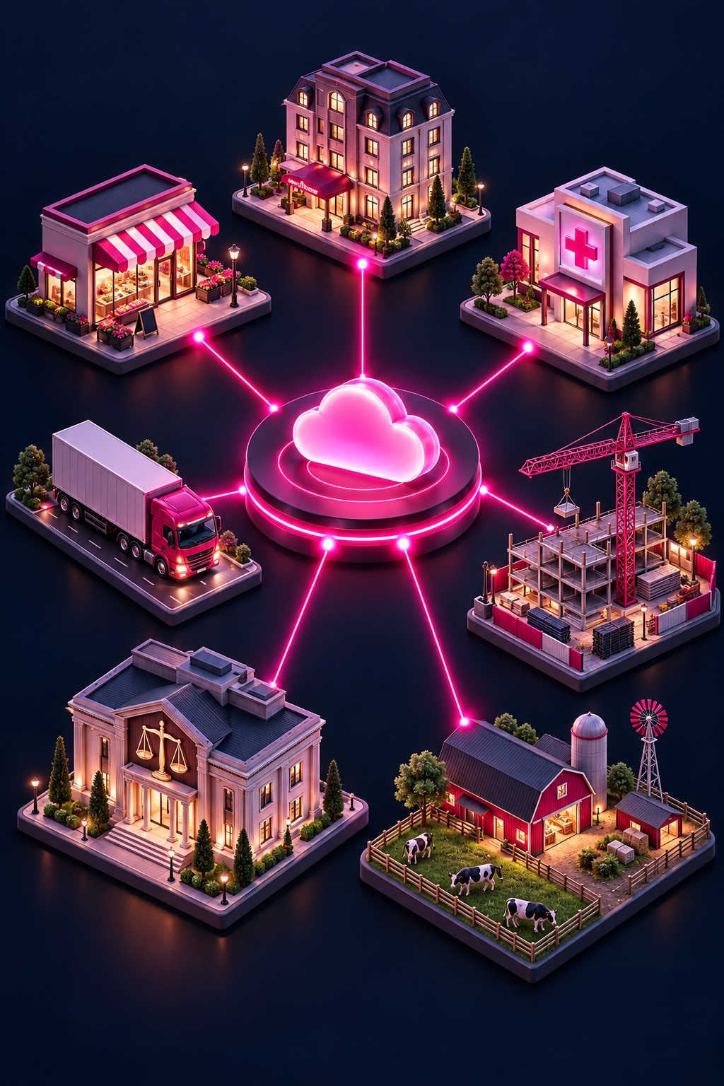 Ilustração: uma plataforma central ligada por linhas de luz a uma loja, um caminhão, um hotel, uma clínica, uma obra, um escritório de advocacia e uma fazenda